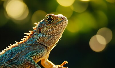 Obraz premium A close-up of a colorful lizard with a blurred green background.