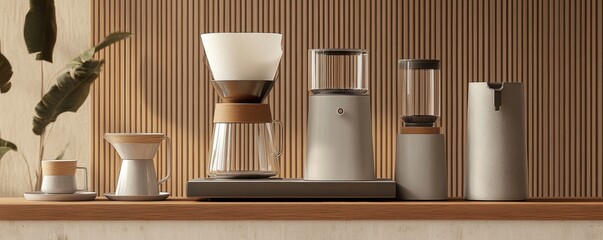 Modern coffee brewing set with ceramic and glass components on a wooden counter.