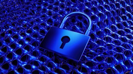 Blue lock icon in cyber network data stream background for security technology protection concept
