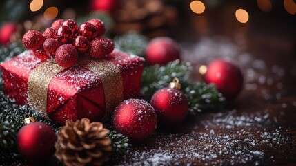 Red gift box with golden ribbon surrounded by ornaments and pine cones on a festive table.