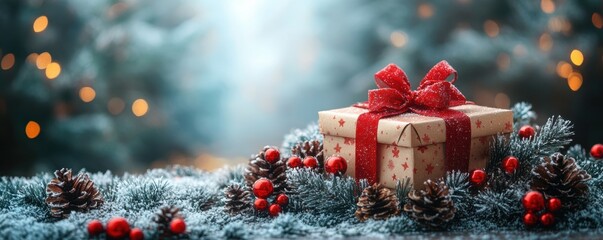 gift box with red ribbon surrounded by pinecones, berries, and snow-covered branches.