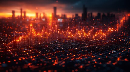 Fototapeta premium Abstract visualization of data trends with glowing elements against a cityscape backdrop.