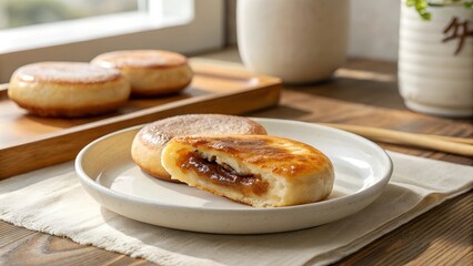 A crispy golden hotteok pancake served on a white plate, sliced open to reveal its sweet nut and sugar filling, perfect for a cozy dessert.
