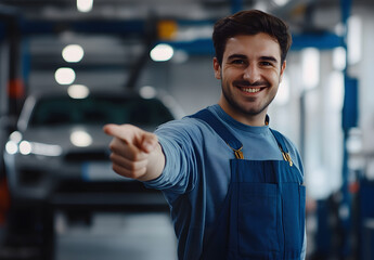 Friendly auto mechanic inviting you for car service.