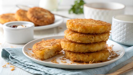 A stack of golden brown hash browns served on a rustic plate with a side of creamy dipping sauce, creating a cozy and delicious breakfast or snack option.