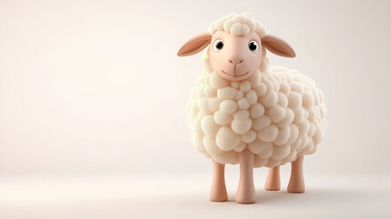 Naklejka premium Cute 3D cartoon sheep toy with fluffy texture, set against soft beige background. This charming character brings playful and friendly vibe to any space