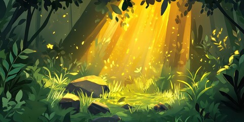 Fototapeta premium Enchanted Forest with Sunlight Streaming through Trees, Vivid Green Foliage, and Serene Atmosphere for Nature and Tranquility Themes