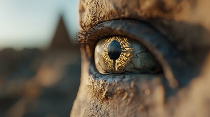 Close-up of an eye with a strange, circular pattern reflecting in the iris. The eye looks out into the distance, conveying a sense of mystery and otherworldly beauty.