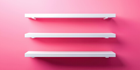 A white shelf with pink walls