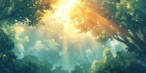 Fototapeta premium Majestic Sunlight Breaking Through Lush Green Canopy in Enchanted Forest During Golden Hour with Soft Rays Illuminating Vibrant Leaves and Dreamy Atmosphere