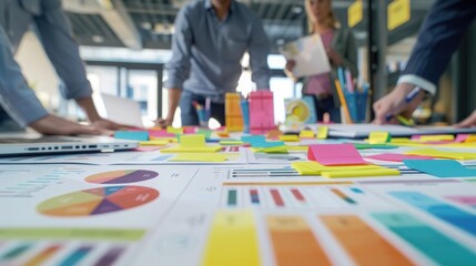 Fototapeta premium Low angle view of a bustling collaborative workspace with a table covered in colorful sticky notes