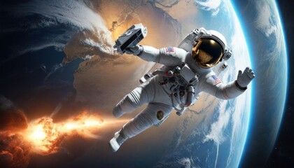 3D illustration of astronaut falling to earth planet. 5K realistic science fiction art. Elements of image in space