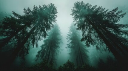 Obraz premium A misty forest scene with towering trees shrouded in fog, creating a serene atmosphere.