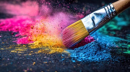 Fototapeta premium Color Explosion with Powder and Brush in Vibrant Display Tags: color explosion, powder and brush, vibrant colors, paint burst, color powder