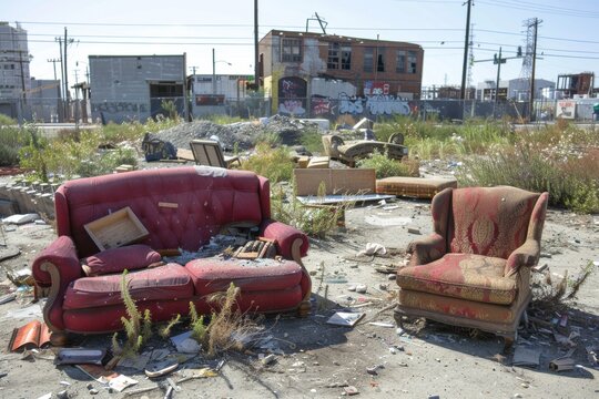 A vacant lot filled with discarded furniture pieces, such as an old mattress, broken chairs, and a torn sofa, creating an impromptu living space for the homeless 