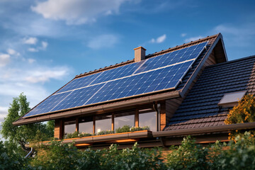 Solar panels producing energy on a roof of a clean residential house high resolution,.  
