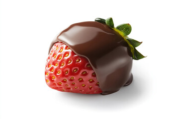 close-up studio shot of chocolate dipped strawberries, Glossy chocolate coating on ripe strawberry, dripping chocolate sauce. for food advertisements 