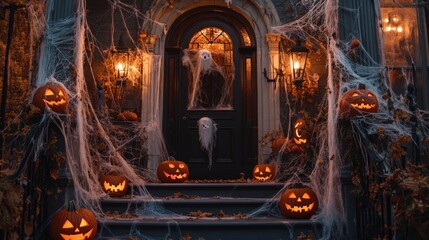 Obraz premium Decorated Front Porch with Pumpkins, Cobwebs, and Ghosts for Halloween