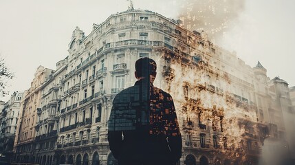 A man standing firm in his gear, overlaid with an image of a building on fire, showing the drill's intensity. Double Exposure.[men]:[Fire drill] 