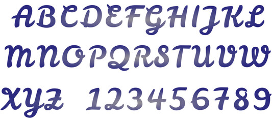 Cursive script fonts, full alphabet with digit numbers on white background
