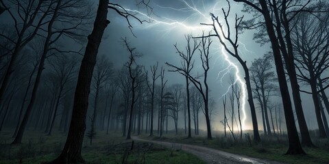 Fototapeta premium Stormy weather with lightning flashing through a forest of bare trees casting eerie shadows on the ground, stormy night, severe weather, natural disaster, lightning