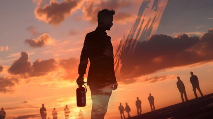 Silhouette of a man holding a fire extinguisher, integrated with an image of training exercises. Double Exposure.[men]:[Fire drill] 