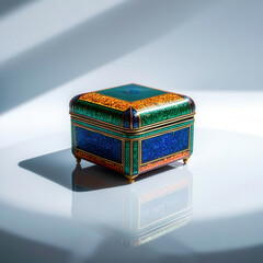 A colorful box with a blue and green design sits on a white surface