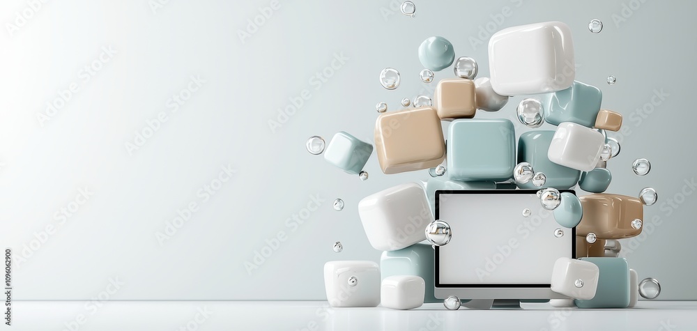 Poster Travel restrictions remote work concept. A modern design featuring floating geometric shapes around a blank screen, creating a dynamic and playful digital environment.