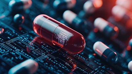 technology nanotechnology advancement Concept. A vibrant red capsule rests on a digital circuit board, symbolizing the intersection of technology and healthcare.