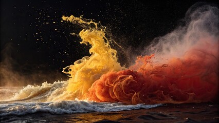 Swirling liquid motion with shades of orange and yellow against a dark canvas, psychedelic patterns, swirling motion