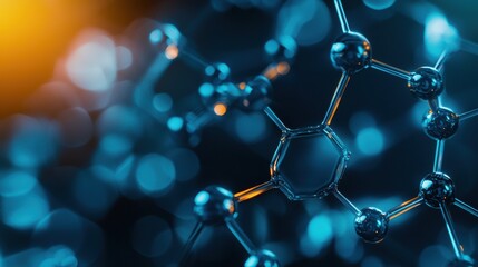 technology nanotechnology advancement Concept. A close-up of molecular structures illuminated in blue and orange, showcasing the intricate beauty of scientific compositions and connections.