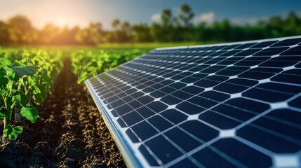 technology nanotechnology advancement Concept. A solar panel reflects sunlight above vibrant green crops, symbolizing the fusion of renewable energy and sustainable agriculture in a serene landscape.
