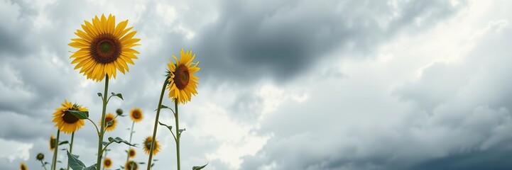 Fototapeta premium Tall sunflower stalks stand against a backdrop of a cloudy sky with dark grey clouds and a few wispy strands of cirrus, brown, landscape