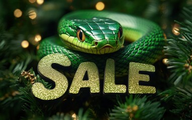 green snake with text "Sale" christmas background 