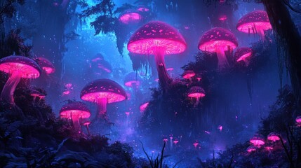 Obraz premium Glowing Pink Mushrooms Illuminate A Mystical Forest
