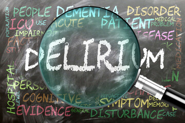 Delirium being studied, examined - under close inspection. Most important subjects and ideas closely related to delirium written on a blackboard inspected by a magnifying glass. ,3d illustration