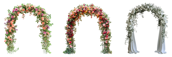 Set of Beautiful wedding flower arches isolated on a transparent background
