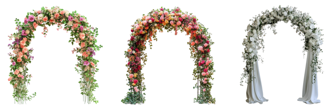 Set of Beautiful wedding flower arches isolated on a transparent background