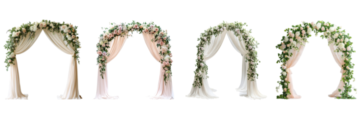Set of Beautiful wedding flower arches with cloth isolated on a transparent background