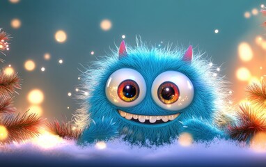Fototapeta premium happy cute adorable furry 3d monster cartoon charachter with huge eyes christmas background 