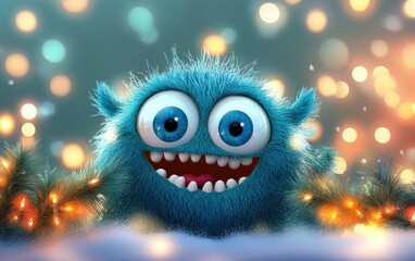Obraz premium happy cute adorable furry 3d monster cartoon charachter with huge eyes christmas background 