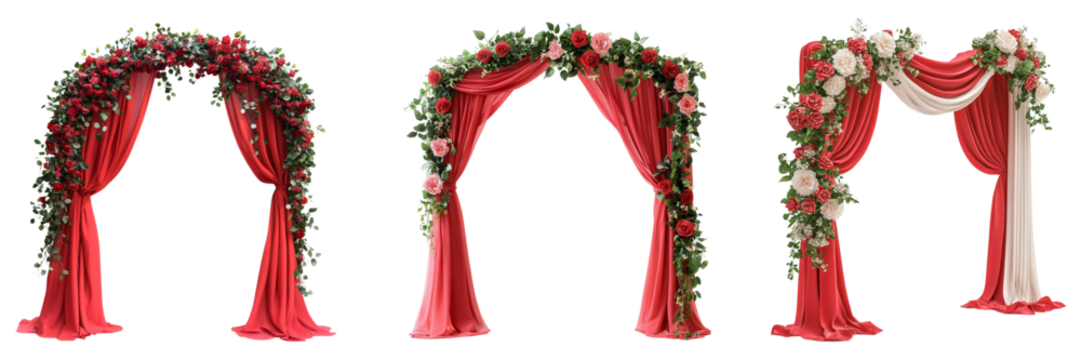 Set of Beautiful wedding flower arches with red cloth isolated on a transparent background