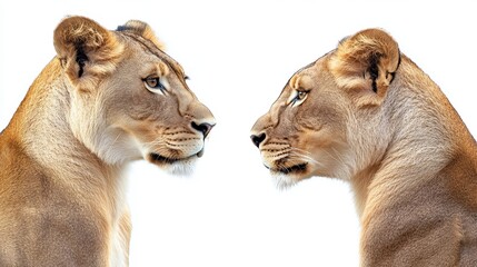 Obraz premium lion lioness, many angles and view portrait side back head shot isolated on white background cutout