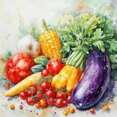 Watercolor Painting of Fresh Vegetables  Job ID: 06951d02-eb63-4d1e-8f31-2ca8220f27a1