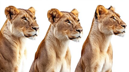 Obraz premium lion lioness, many angles and view portrait side back head shot isolated on white background cutout