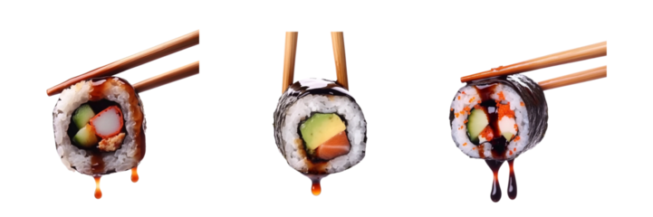 Set of delicious sushi roll with fresh ingredients, dripping soy sauce, held by chopstick isolated on a transparent background