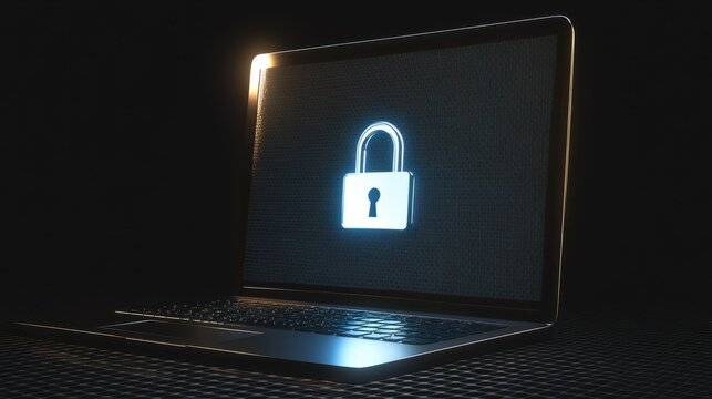 laptop with the padlocks symbol for cyber security on a transparent background