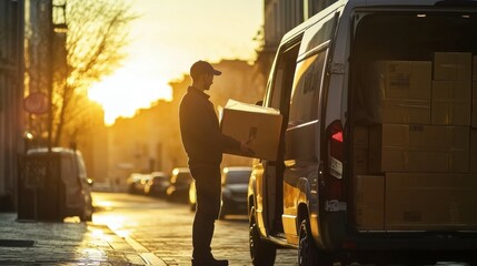 Worker loading packages into a van, early morning light in background.