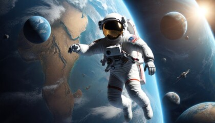3D illustration of astronaut falling to earth planet. 5K realistic science fiction art. Elements of image in space