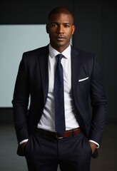 Fototapeta premium Professional businessman, dark navy suit, white shirt, blue tie, confident pose, serious expression, studio lighting, dramatic shadows, high contrast, fashion photography style, corporate headshot, sl